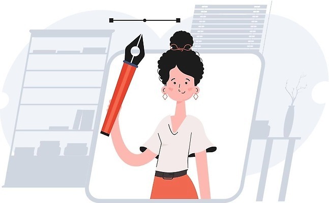 EPS 해외이미지 여자 교육 일러스트 한명 들기 상반신 성인 학습 만년필 스마트 성인여자한명만 해외202309 해외일러스트 1 컨셉 모션 사람 펜 여자한명만 성인여자만 파일형식 벡터