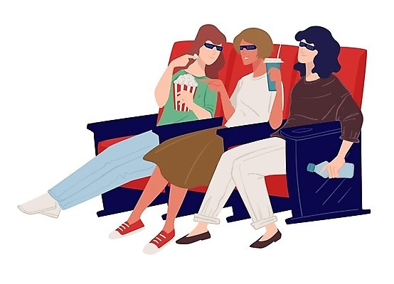 EPS 해외이미지 전신 여자 의자 일러스트 대화 들기 앉기 성인 세명 영화관 물병 영화 즐거움 팝콘 3D안경 음료수병 성인여자만 해외202309 해외일러스트 감정 안경 가구 모션 문화예술 말하기 사람 극장 물통 병_담는 여자만 성인만 파일형식 벡터