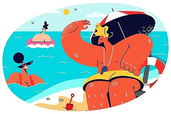 EPS 해외이미지 라이프스타일 여자 남자 바다 일러스트 상반신 성인 해변 세명 선글라스 수영 파라솔 삽 튜브 라이프가드 멀리보기 안전요원 성인만 해외202309 해외일러스트 안경 사람 생활 수상스포츠 파일형식 벡터