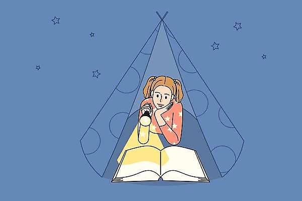 EPS 해외이미지 여자 행복 별 엎드리기 일러스트 청소년 텐트 한명 상반신 책 독서 턱괴기 손전등 십대여자한명만 해외202309 해외일러스트 자연요소 1 감정 모션 조명 캠핑도구 사람 여자한명만 십대여자만 파일형식 벡터