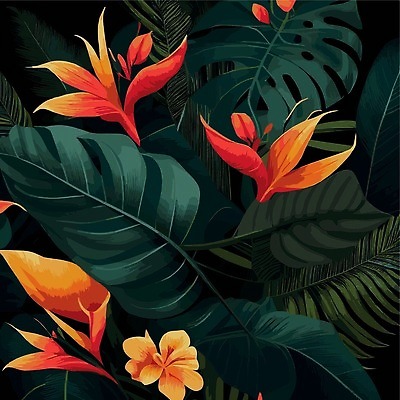 EPS 해외이미지 일러스트 검은배경 사람없음 야자수잎 몬스테라 열대꽃 열대잎 트로피컬아트 해외202309 해외일러스트 식물 꽃 백그라운드 잎 검은색 그림 파일형식 벡터
