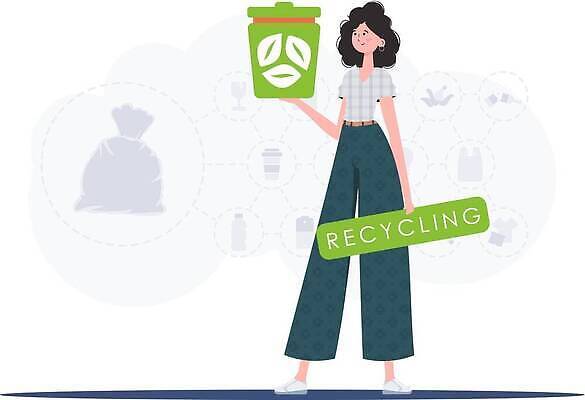 EPS 해외이미지 전신 여자 일러스트 한명 들기 성인 재활용 쓰레기통 보호 에코 친환경 성인여자한명만 해외202309 해외일러스트 1 컨셉 모션 사람 환경 여자한명만 성인여자만 파일형식 벡터