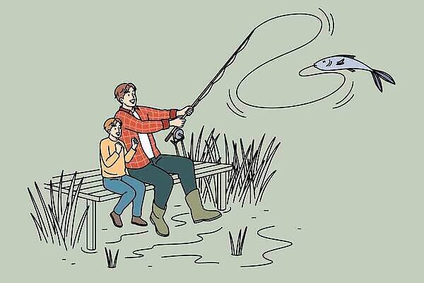 EPS 해외이미지 전신 남자 아들 호수 어린이 일러스트 응원 낚시 어류 웃음 들기 앉기 소년 성인 두명 아빠 즐거움 낚시터 남자만 해외202309 해외일러스트 감정 가족 모션 레저 표정 사람 수중동물 파일형식 벡터