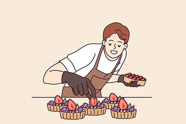 EPS 해외이미지 남자 과일 일러스트 디저트 한명 들기 상반신 성인 제과 만들기 제빵 제빵사 타르트 성인남자한명만 놓기 해외202309 해외일러스트 직업 1 음식 빵 모션 사람 제과제빵 파이_빵 남자한명만 성인남자만 파일형식 벡터