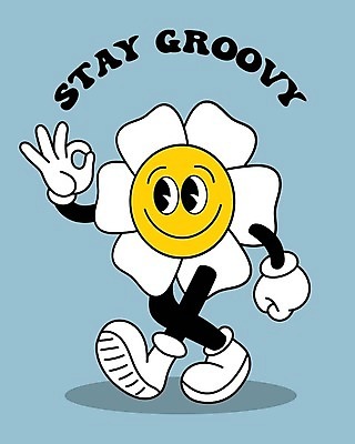 EPS 해외이미지 캐릭터 영어 꽃 포스터 하늘색 일러스트 타이포그라피 사람없음 걷기 귀여움 OK 복고 키치 Y2K 해외202309 해외일러스트 일러캐릭터 식물 문자 컨셉 모션 손짓 파란색 파일형식 벡터