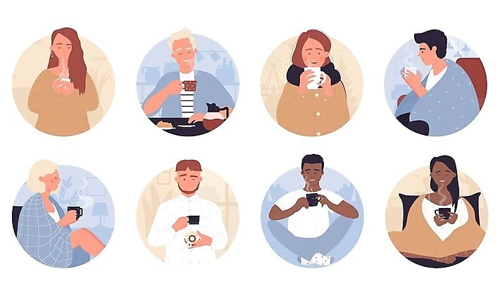 EPS 해외이미지 전신 라이프스타일 여자 남자 겨울 일러스트 따뜻함 들기 앉기 여러명 상반신 성인 파란색 갈색 커피잔 담요 성인만 해외202309 해외일러스트 계절 커피 컬러 다수 모션 잔 사람 생활 파일형식 벡터