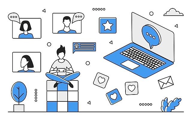 EPS 해외이미지 전신 여자 남자 일러스트 비즈니스 여러명 성인 파란색 디지털 정보 업무 스마트 큐브 분석 온라인 경영 데이터베이스 인터페이스 화상통화 해외202310 해외일러스트 컬러 다수 컨셉 사람 작업 통화 파일형식 벡터