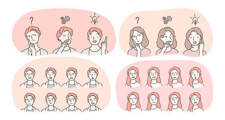 EPS 해외이미지 직업 캐릭터 행복 감정 얼굴 일러스트 웃음 사람 세트 머리 놀람 기쁨 분노 표현 플랫 좌절 무서움 만화 수집 이모티콘 고립 우울증 혼란 아바타 표현성 해외202309 해외일러스트 일러캐릭터 컨셉 표정 신체부위 질병 파일형식 벡터