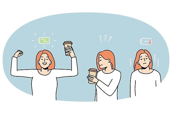 EPS 해외이미지 여자 커피 일러스트 피곤 성인 세명 에너지 마시기 비교 건전지 카페인 성인여자만 해외202309 해외일러스트 음료 컨셉 모션 사람 여자만 성인만 파일형식 벡터