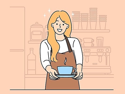 EPS 해외이미지 여자 행복 일러스트 한명 들기 상반신 성인 반짝임 앞치마 카페 수증기 커피잔 커피메이커 컵받침 성인여자한명만 해외202309 해외일러스트 1 감정 커피 모션 잔 사람 상점 받침대 커피용품 여자한명만 성인여자만 파일형식 벡터