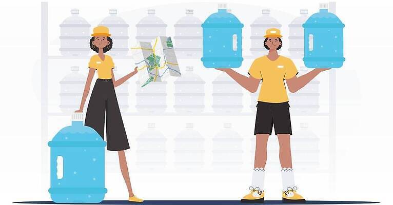 EPS 해외이미지 여자 남자 지도 일러스트 들기 성인 두명 물 노란색 기댐 신선 물통 배송 성인만 해외202309 해외일러스트 자연요소 컬러 모션 사람 파일형식 벡터