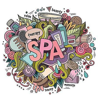 EPS 해외이미지 일러스트 사람없음 스파 거울 머리빗 낙서 가득함 스파용품 레터링 해외202309 해외일러스트 미용용품 오브젝트 파일형식 벡터