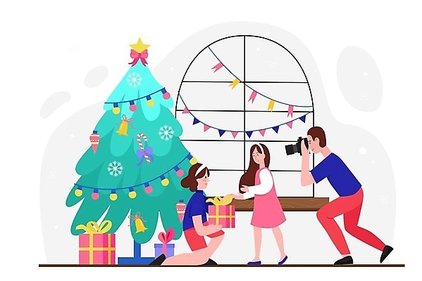 EPS 해외이미지 전신 무료이미지 라이프스타일 여자 남자 어린이 크리스마스장식 크리스마스 겨울 일러스트 창문 가족 숙이기 들기 성인 세명 선물상자 크리스마스트리 카메라 사진촬영 무릎꿇기 가랜드 알전구 해외202309 해외일러스트 계절 기념일 포즈 전구 관계 모션 선물 사람 생활 전자제품 상자 촬영 파티용품 파일형식 벡터