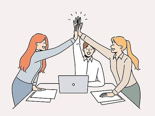 EPS 해외이미지 여자 남자 와이셔츠 일러스트 비즈니스 회의 성인 세명 노트북 박수 문서 하이파이브 성인만 해외202309 해외일러스트 셔츠 사람 손짓 전자제품 파일형식 벡터