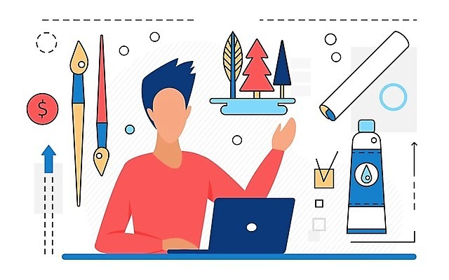 EPS 해외이미지 나무 남자 종이 일러스트 한명 상반신 성인 노트북 펜 손들기 물감 붓 예술가 화가 성인남자한명만 해외202309 해외일러스트 식물 직업 1 모션 사람 전자제품 필기구 미술도구 남자한명만 성인남자만 파일형식 벡터