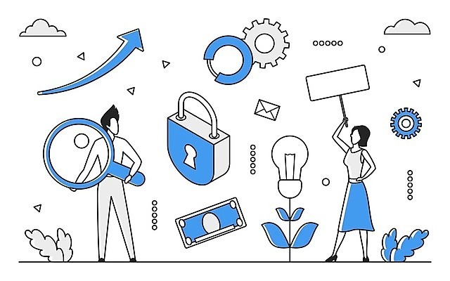 EPS 해외이미지 전신 여자 남자 일러스트 비즈니스 자물쇠 들기 성인 두명 파란색 디지털 정보 업무 스마트 분석 온라인 경영 데이터베이스 인터페이스 해외202310 해외일러스트 컬러 컨셉 모션 사람 작업 파일형식 벡터