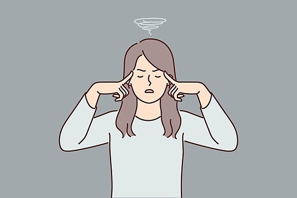 EPS 해외이미지 여자 일러스트 스트레스 피곤 한명 손짓 상반신 성인 찡그림 두통 성인여자한명만 해외202309 해외일러스트 1 컨셉 모션 표정 사람 질병 여자한명만 성인여자만 파일형식 벡터