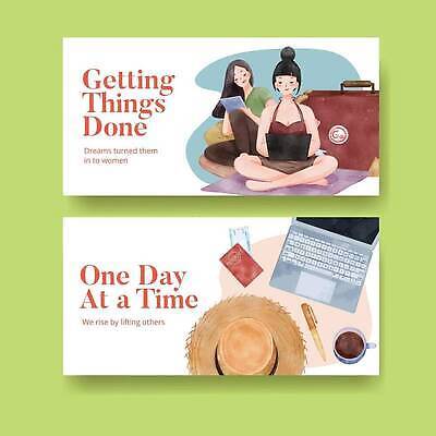 EPS 해외이미지 전신 여자 가로배너 커피 여행 일러스트 성인 두명 노트북 펜 항공권 밀짚모자 여권 성인여자만 해외202309 해외일러스트 모자_잡화 배너 음료 사람 가로 전자제품 필기구 티켓 여자만 성인만 파일형식 벡터