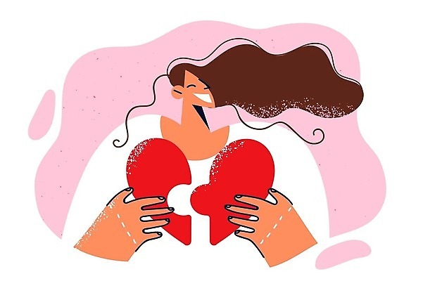 EPS 해외이미지 여자 행복 분홍색 일러스트 한명 들기 상반신 성인 하트 퍼즐 성인여자한명만 해외202309 해외일러스트 모양 1 감정 컬러 모션 사람 여자한명만 성인여자만 파일형식 벡터