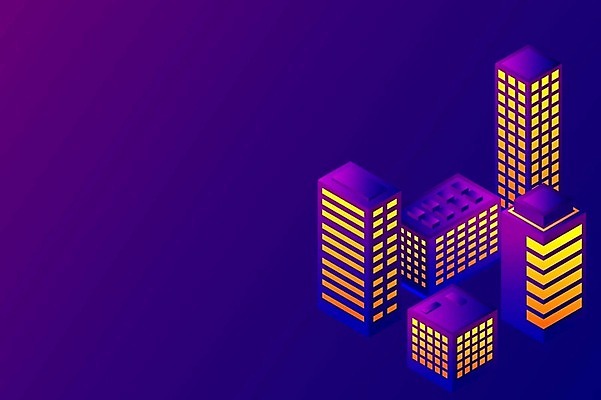 EPS 해외이미지 백그라운드 일러스트 빌딩 사람없음 건물 보라색 도시 네온 그라데이션 아이소메트릭 해외202309 해외일러스트 건축물 컬러 파일형식 벡터