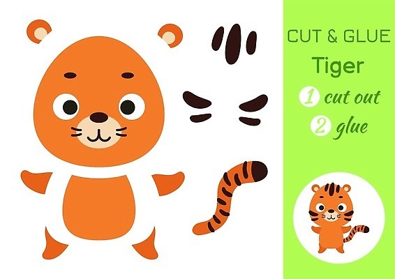 EPS 해외이미지 캐릭터 일러스트 놀이 미술 사람없음 귀여움 퍼즐 호랑이 자르기 접착풀 해외202309 해외일러스트 일러캐릭터 컨셉 포유류 모션 문화예술 문구용품 풀_접착제 파일형식 벡터