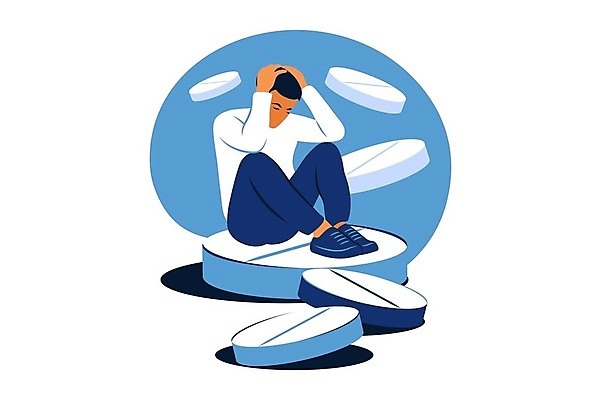 EPS 해외이미지 전신 남자 일러스트 스트레스 한명 성인 파란색 알약 좌절 웅크림 감싸기 우울감 우울증 성인남자한명만 심리치료 해외202309 해외일러스트 1 감정 컬러 컨셉 모션 사람 치료 약 질병 심리 남자한명만 성인남자만 파일형식 벡터