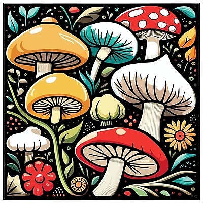 EPS 해외이미지 꽃 일러스트 풍경 사람없음 컬러풀 버섯 풀잎 신비 해외일러스트 식물 컬러 컨셉 잎 풀_식물 파일형식 벡터