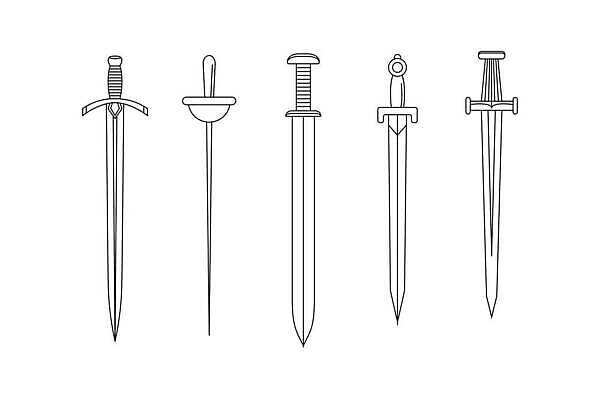 EPS 해외이미지 무기 선 일러스트 흑백 미술 경비 그래픽 세트 골동품 중세 칼 만화 수집 은박지 그림 복고 군용 전쟁 심플 윤곽 팔 철강 스타일 벡터 해외202309 해외일러스트 문화예술 군대 촬영기법 안전 신체부위 역사 보호 파일형식