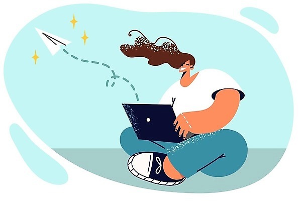 EPS 해외이미지 여자 일러스트 바닥 한명 앉기 노트북 비즈니스우먼 메시지 이메일 종이비행기 성인여자한명만 해외202309 해외일러스트 1 비즈니스 모션 사람 전자제품 직장인 종이접기 여자한명만 성인여자만 파일형식 벡터