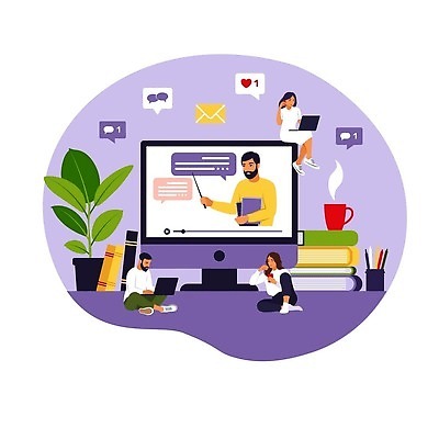 EPS 해외이미지 전신 여자 남자 화분 말풍선 일러스트 들기 앉기 여러명 상반신 성인 노트북 모니터 보라색 가리킴 온라인강의 책더미 성인만 해외202309 해외일러스트 컬러 다수 모션 사람 손짓 책 전자제품 컴퓨터 강의 무더기 파일형식 벡터 언택트