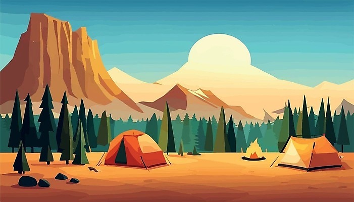 EPS 해외이미지 나무 여행 일러스트 산 텐트 사람없음 캠핑 모닥불 캠핑장 해외202309 해외일러스트 식물 불 레저 캠핑도구 파일형식 벡터