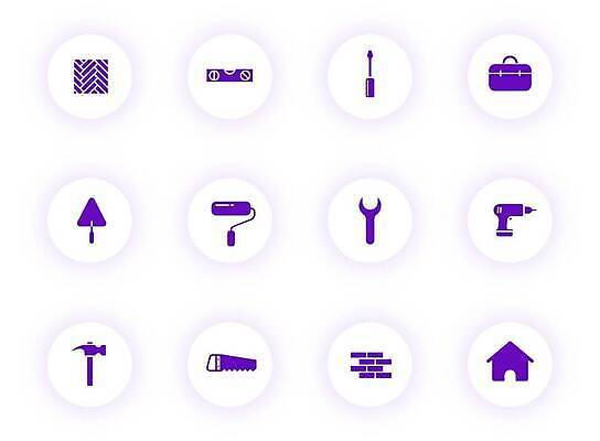 EPS 해외이미지 산업 컬러 일러스트 노동자 그림자 빛 픽토그램 보라색 웹 수레 장비 흰색 도구 붓 원형 엔지니어 드라이버 망치 엘리베이터 불도저 수집 삽 믹서 심볼 기중기 사인 테이프 롤러 짐차 청사진 UI 건축업자 벡터 해외202309 해외일러스트 도형 직업 건축 인터넷 자동차 문구용품 카트 공구 중장비 기술자 파일형식