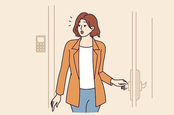 EPS 해외이미지 여자 여행 컨셉 일러스트 모션 호텔 휴가 휴식 아파트 사람 내부 문 놀람 기쁨 침실 방 오픈 고급 도착 입장 고객 호기심 시작 예약 여관 감탄 고립 렌탈 벡터 안락 해외202309 해외일러스트 감정 숙소 주택 표정 파일형식 건물 건축물 건축