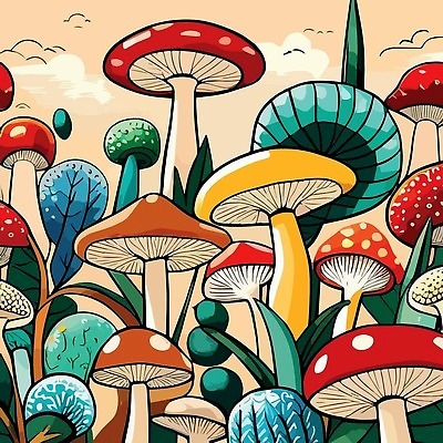 EPS 해외이미지 열매 일러스트 사람없음 컬러풀 버섯 풀잎 신비 해외일러스트 식물 컬러 컨셉 잎 풀_식물 파일형식 벡터