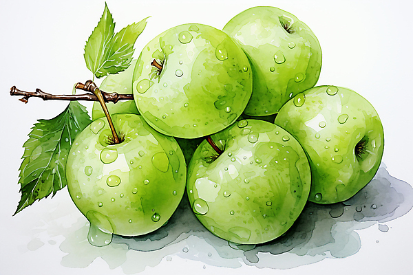 JPG 열매 잎 일러스트 수채화 사람없음 초록색 사과 수분 청사과 국내일러스트 AI일러스트 AI콘텐츠 식물 컬러 과일 파일형식