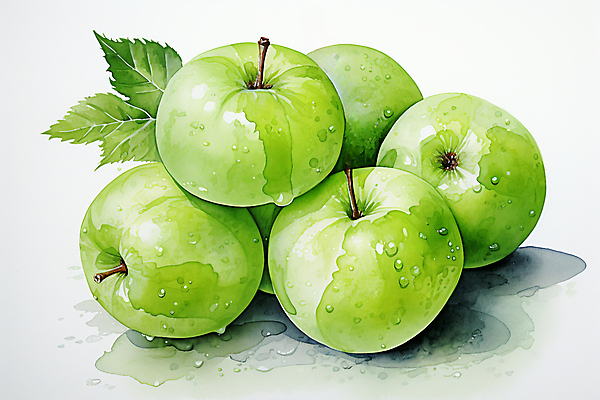 JPG 열매 잎 일러스트 수채화 사람없음 초록색 사과 수분 청사과 국내일러스트 AI일러스트 AI콘텐츠 식물 컬러 과일 파일형식