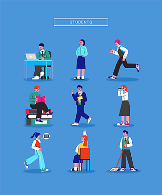 전신 여학생 여자 남자 교복 남학생 허리손 말풍선 의자 일러스트 중학생 청소년 고등학생 서기 앉기 여러명 책 노트북 학습 독서 달리기 손들기 걷기 망원경 다리꼬기 지각 청소 파일 체육복 식판 급식 대걸레 십대만 월간캐릭터 일러캐릭터 AI파일 캐릭터 학생 옷 교육 포즈 가구 다수 모션 사람 전자제품 운동복 청소도구 체육 파일형식 벡터