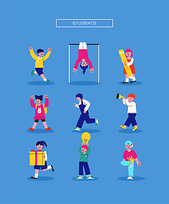전신 여학생 여자 남자 초등학생 어린이 남학생 연주 일러스트 전구 매달리기 서기 미소 들기 소녀 소년 여러명 선물상자 달리기 연필 만세 가리킴 나팔 제기_놀이 철봉 제기차기 어린이만 월간캐릭터 일러캐릭터 AI파일 캐릭터 학생 악기 음악 다수 모션 학용품 표정 선물 사람 손짓 상자 필기구 놀이용품 전통놀이 파일형식 벡터
