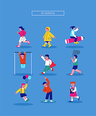 전신 여학생 여자 남자 초등학생 어린이 남학생 일러스트 매달리기 미소 들기 소녀 소년 여러명 책 달리기 연필 손들기 걷기 스트레칭 비행 승차 망토 우비 풍선 철봉 채집망 어린이만 월간캐릭터 일러캐릭터 AI파일 캐릭터 학생 옷 다수 모션 학용품 표정 사람 운동 필기구 파일형식 벡터