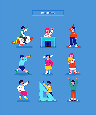 전신 여학생 여자 남자 초등학생 어린이 남학생 허리손 일러스트 전구 서기 미소 들기 앉기 소녀 소년 여러명 달리기 손들기 점프 망원경 로켓 슬픔 분노 가리킴 발표 승차 체벌 책상 삼각자 키재기 벌서기 어린이만 월간캐릭터 일러캐릭터 AI파일 캐릭터 학생 감정 포즈 가구 다수 모션 표정 자 사람 손짓 측정 키_신체 파일형식 벡터