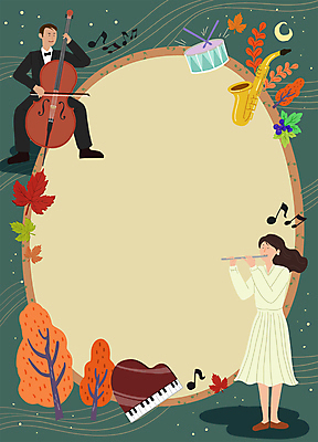 전신 PSD 여자 남자 낙엽 연주 음표 일러스트 단풍나무 프레임 서기 앉기 성인 두명 초록색 달 가을 원형 풀 피아노 색소폰 플루트 첼로 음악회 작은북 합주 오케스트라 성인만 카피스페이스 국내일러스트 자연요소 도형 나무 식물 기호 계절 음악 컬러 단풍 잎 모션 관악기 사람 공백 공연 악단 건반악기 목관악기 북 파일형식 찰현악기
