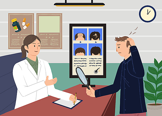 PSD 여자 남자 화분 시계 일러스트 조명 들기 손짓 상반신 성인 두명 알약 볼펜 머리카락 모니터 진료 환자 의사 기록 약병 상담 손거울 서류판 탈모 탈모클리닉 성인만 국내일러스트 의학 모션 사람 컴퓨터 약 펜 머리 사무용품 거울 의료진 클리닉 증상 병_담는 파일형식