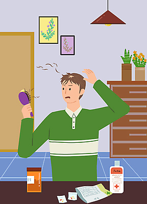 PSD 남자 화분 액자 일러스트 조명 한명 손짓 상반신 성인 머리카락 머리빗 찡그림 약병 서랍장 약봉투 증상 탈모 성인남자한명만 국내일러스트 1 가구 모션 봉투 표정 사람 약 머리 미용용품 병_담는 남자한명만 성인남자만 파일형식