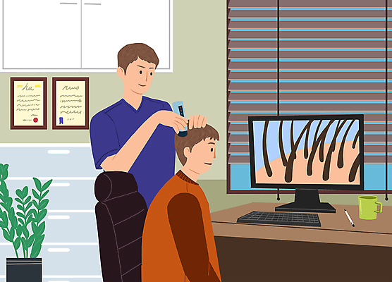 PSD 남자 화분 일러스트 창문 서기 들기 앉기 상반신 성인 두명 볼펜 카메라 모니터 진료 머그컵 블라인드 확대 확인 서랍장 두피 탈모 탈모클리닉 성인남자만 두피검사 모낭 국내일러스트 가구 의학 모션 사람 컵 전자제품 컴퓨터 펜 커튼 검사_조사 클리닉 증상 남자만 성인만 파일형식