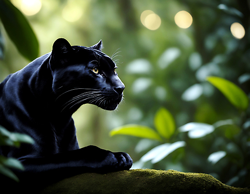 JPG 동물 편집이미지 한마리 엎드리기 잎 포유류 자연 사람없음 검은색 숲속 열대우림 디지털합성 맹수 흑표범 편집실사 AI포토 AI콘텐츠 식물 1 컬러 모션 숲 CG 생태계 표범 파일형식