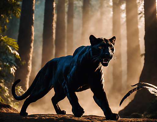 JPG 동물 편집이미지 한마리 잎 포유류 자연 사람없음 햇빛 검은색 외침 숲속 열대우림 디지털합성 맹수 흑표범 편집실사 AI포토 AI콘텐츠 식물 1 컬러 태양 소리 숲 CG 생태계 표범 파일형식