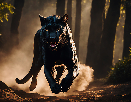 JPG 동물 편집이미지 한마리 포유류 자연 사람없음 달리기 검은색 숲속 열대우림 디지털합성 맹수 숲길 흑표범 흙먼지 편집실사 AI포토 AI콘텐츠 1 길 컬러 모션 숲 CG 생태계 먼지 표범 파일형식