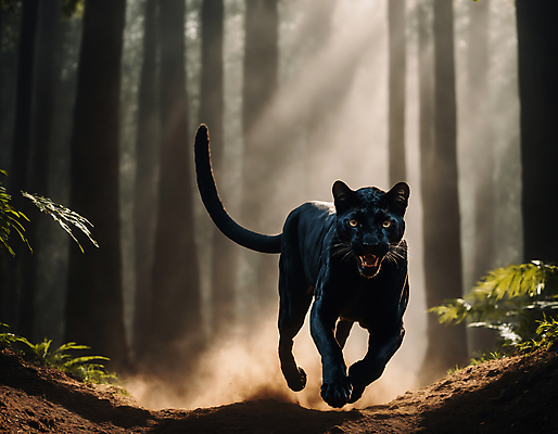 JPG 동물 편집이미지 한마리 포유류 자연 사람없음 달리기 햇빛 검은색 숲속 열대우림 디지털합성 맹수 숲길 흑표범 흙먼지 편집실사 AI포토 AI콘텐츠 1 길 컬러 모션 태양 숲 CG 생태계 먼지 표범 파일형식
