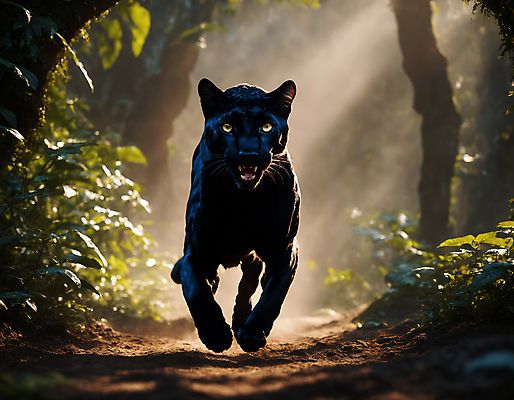 JPG 동물 편집이미지 한마리 포유류 자연 사람없음 달리기 햇빛 검은색 풀 숲속 열대우림 디지털합성 맹수 숲길 흑표범 편집실사 AI포토 AI콘텐츠 식물 1 길 컬러 모션 태양 숲 CG 생태계 표범 파일형식