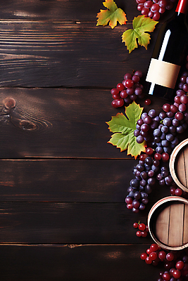 JPG 편집이미지 포도 사람없음 하이앵글 와인 와인병 디지털합성 오크통 와인통 포도잎 목업 카피스페이스 편집소스 편집실사 AI포토 AI콘텐츠 뷰포인트 잎 과일 병_용기 주류 공백 CG 파일형식